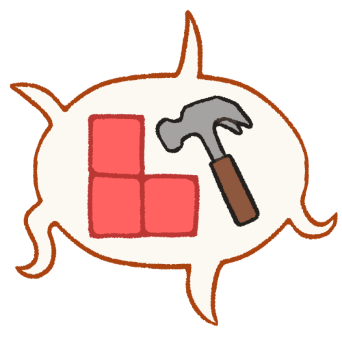 A drawing of a speech bubble with multiple tails leading to the edge of the drawing. Inside the speech bubble are three pink boxes in a pile with a hammer next to them.